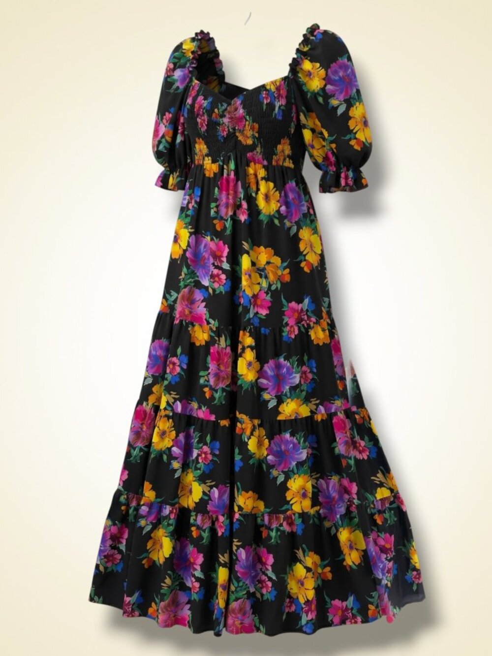 Johnny Was Black Poppy Floral Ruffle Tiered Off The Shoulder Maxi Dress S